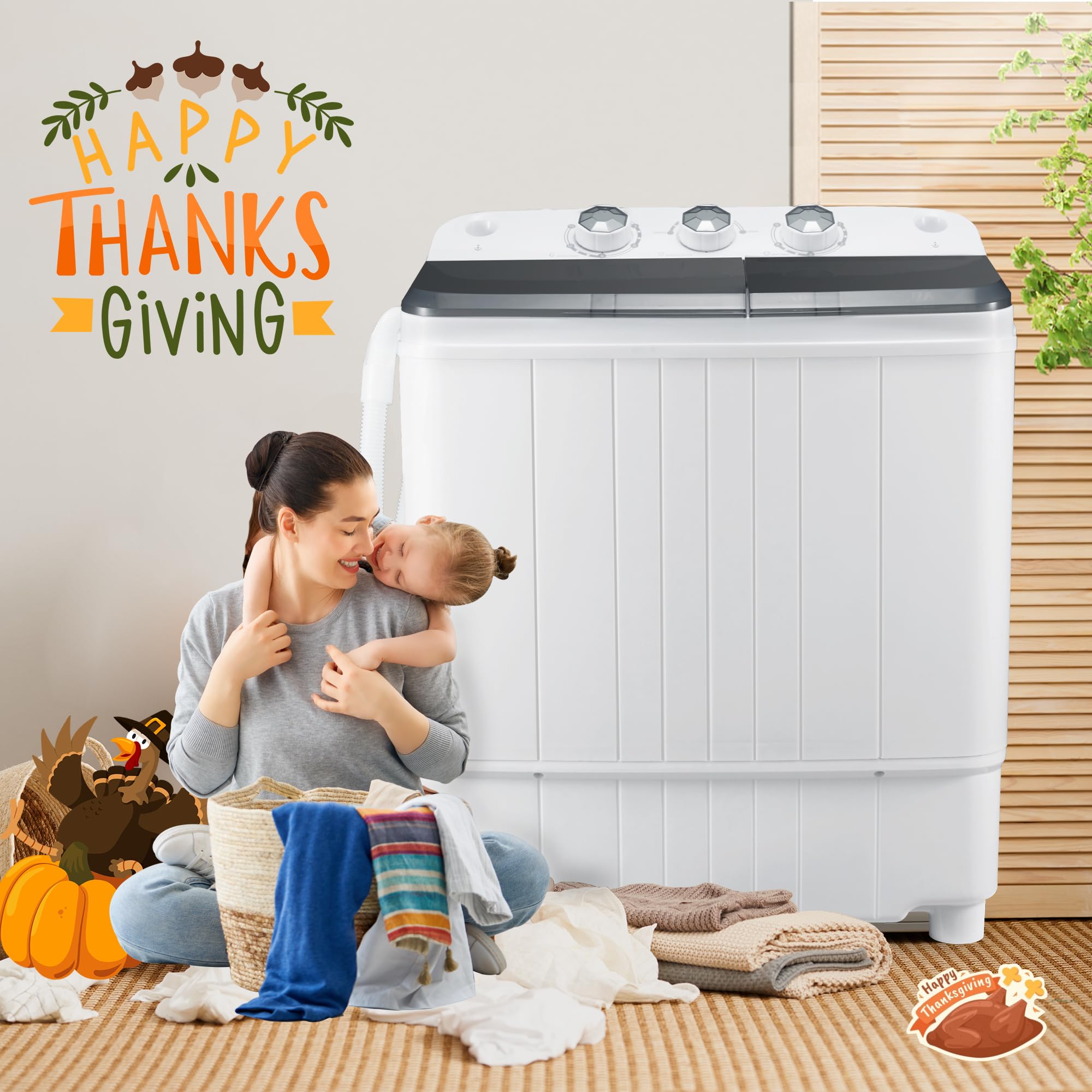 Homguava Portable Washing Machine 17.6Lbs Capacity Washer and Dryer Combo 2 In 1 Mini Compact Twin Tub Washing Machine Laundry Washer(11Lbs) & Spinner(6.6Lbs) with Built-in Gravity Drain Pump,Low Nois