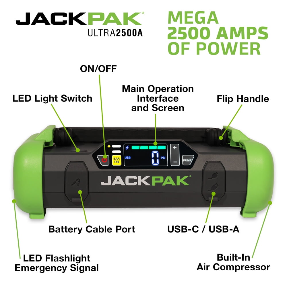 JackPak 2500 Amp Portable 4-1 Jump Starter, Air Compressor, Flashlight & Charger, USB