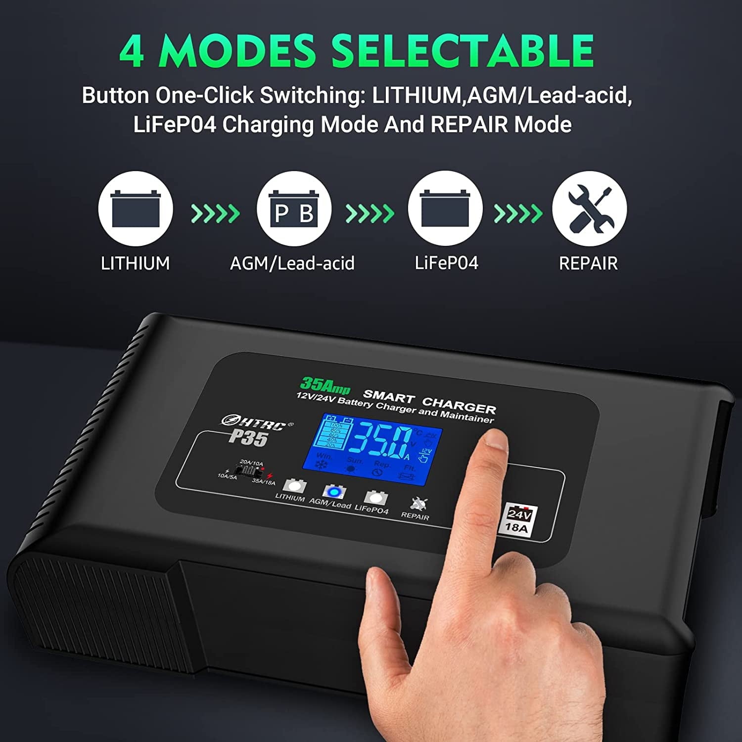 HTRC 35-Amp Smart Charger, Car Battery Charger,Trickle Charger, 12V35A/24V18A,14.6V/29.2V ,Lithium,LiFePO4,Lead-Acid AGM/Gel/SLA..Battery Charger