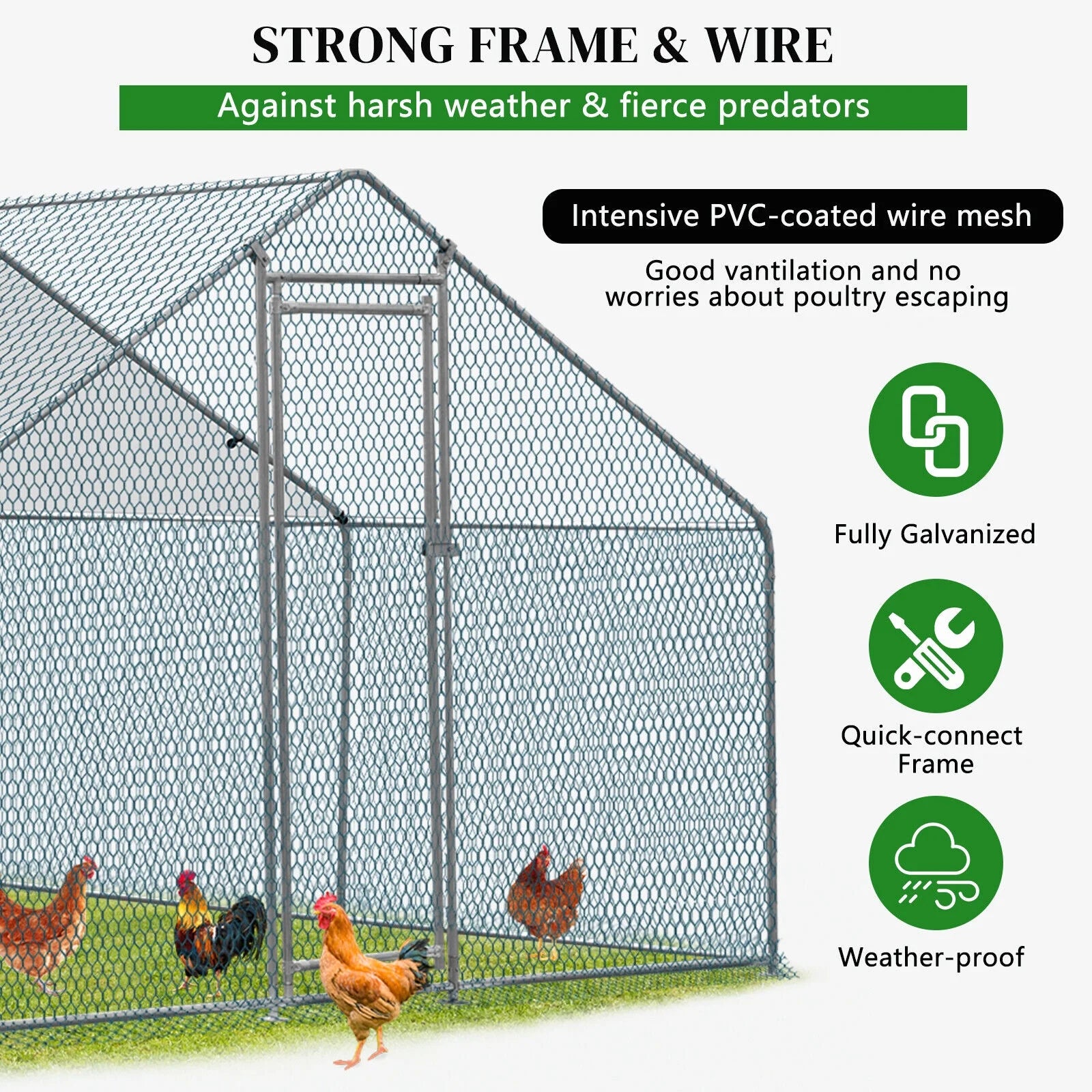ZGBY Large 10X10Ft Metal Chicken Run Pen Walk-In Cage Poultry Coop Duck Rabbit House