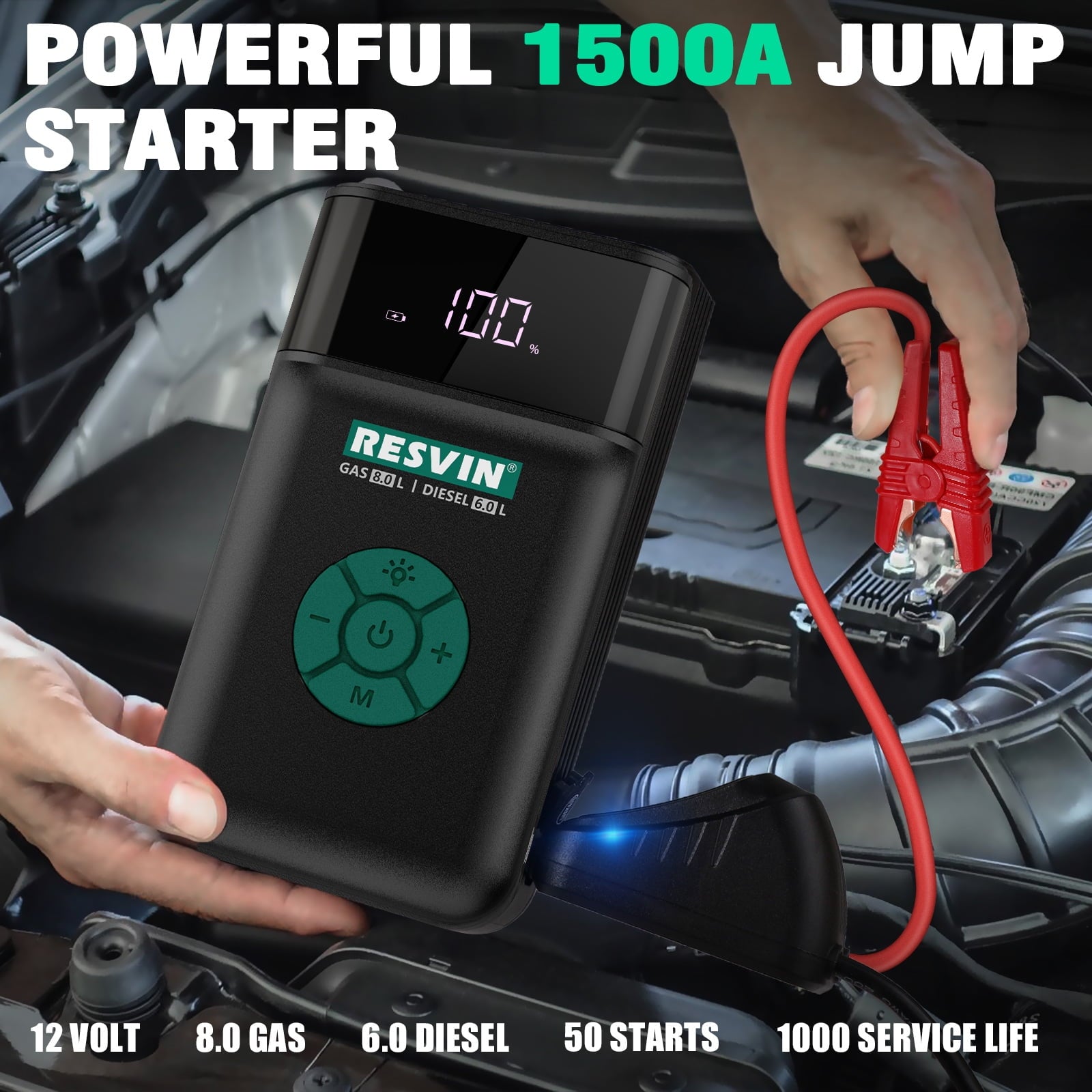 RESVIN Jump Starter with Air Compressor, 1500A 13500mAh Battery Starter with 120PSI Digital Tire Inflator, 12V Lithium Battery Pack for Vehicles, Car Battery Booster for 8.0L Gas or 6.0L Engines