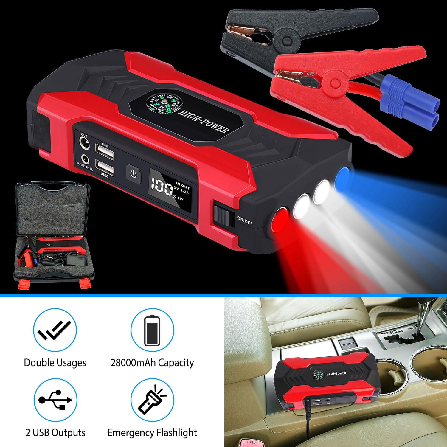 Jump Starter Booster iMounTEK 28000mAh Car Battery Jump Starter 12V Battery Pack Portable Charger and Jumper Cables for 6.0L Gasoline or 3.0L Diesel Engines