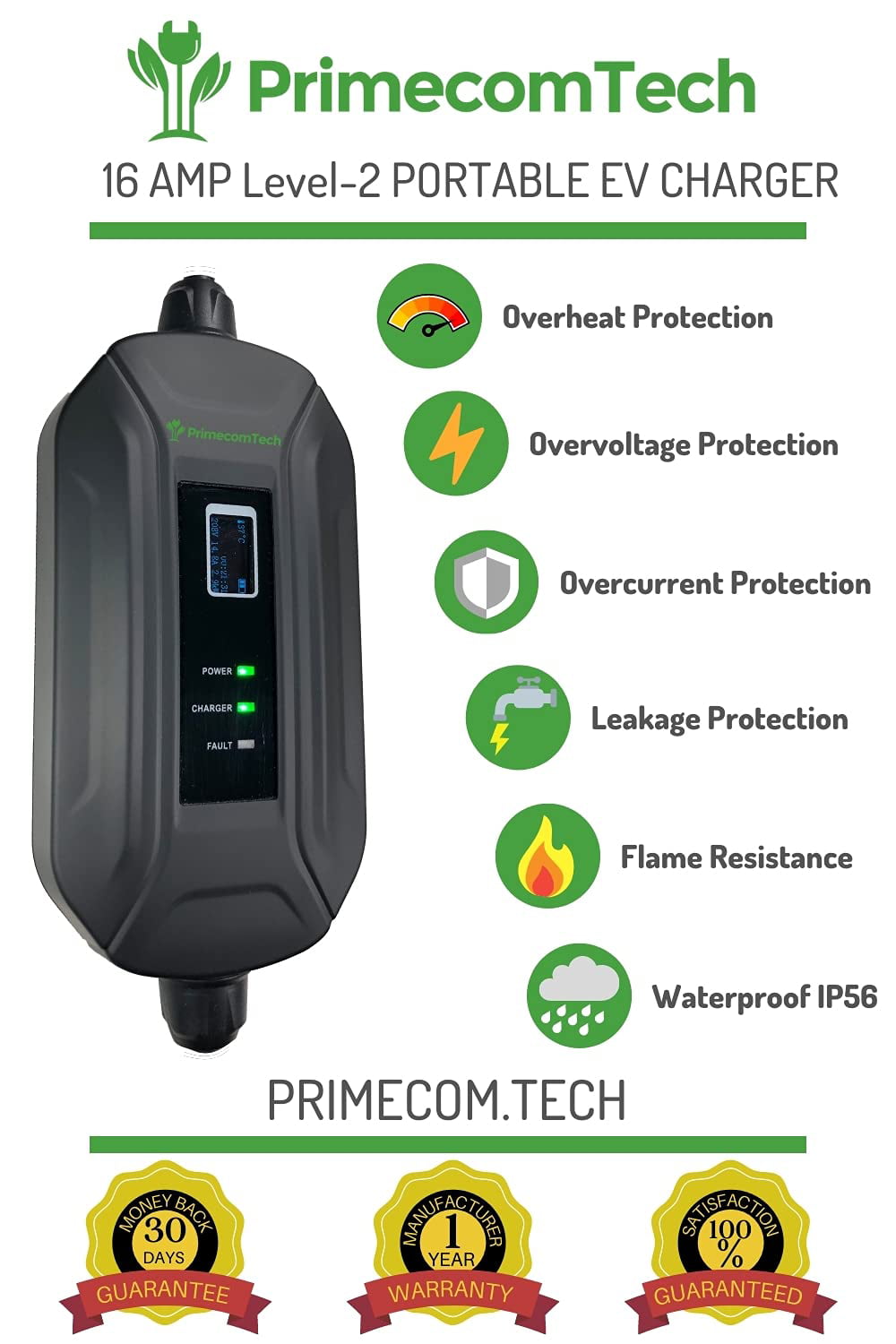 PRIMECOM Level 2 Electric Vehicle (EV) Charger (220V / 240Volt, 16Amp) Portable EVSE Smart Electric Car Charger, 30', 40', and 50 Feet Lengths (30 Feet, 10-30P)