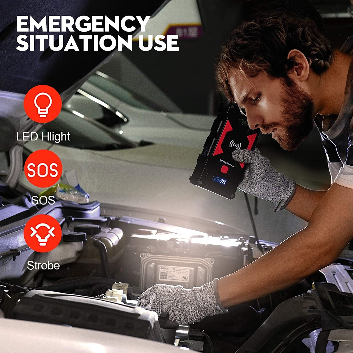 FNNEMGE Car Jump Starter 2500A Peak 24800mAh 12V Super Safe Jump Starter(Up to All Gas, 8.0L Diesel Engine), with 10W Wireless Charger Power Bank, with Smart Jumper Cable, USB Quick Charge 3.0