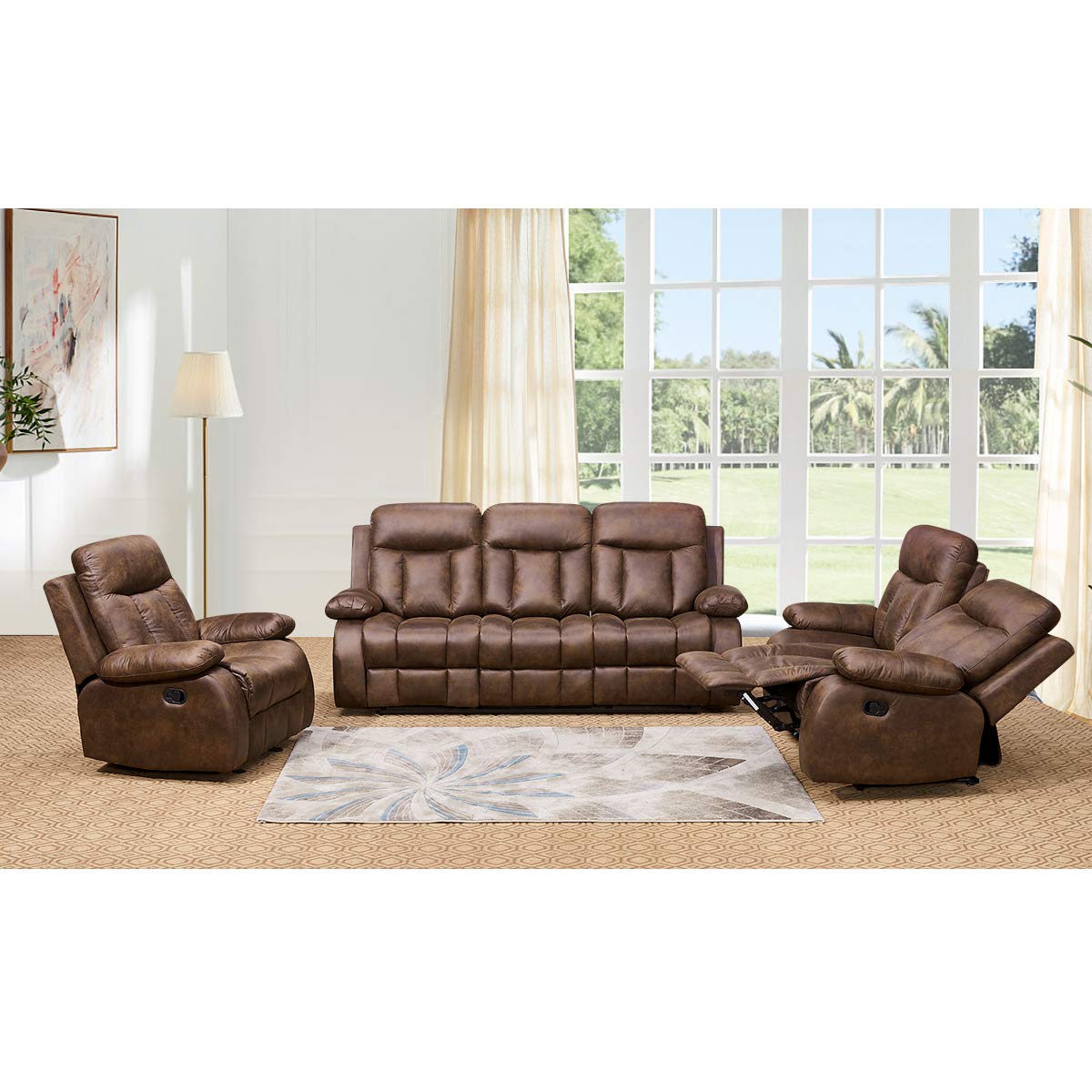 Betsy Furniture 3-PC Microfiber Fabric Recliner Set Living Room Set in Brown, Sofa Loveseat Chair Pillow Top Backrest and Armrests 8028 (Living Room Set 3+2+1)
