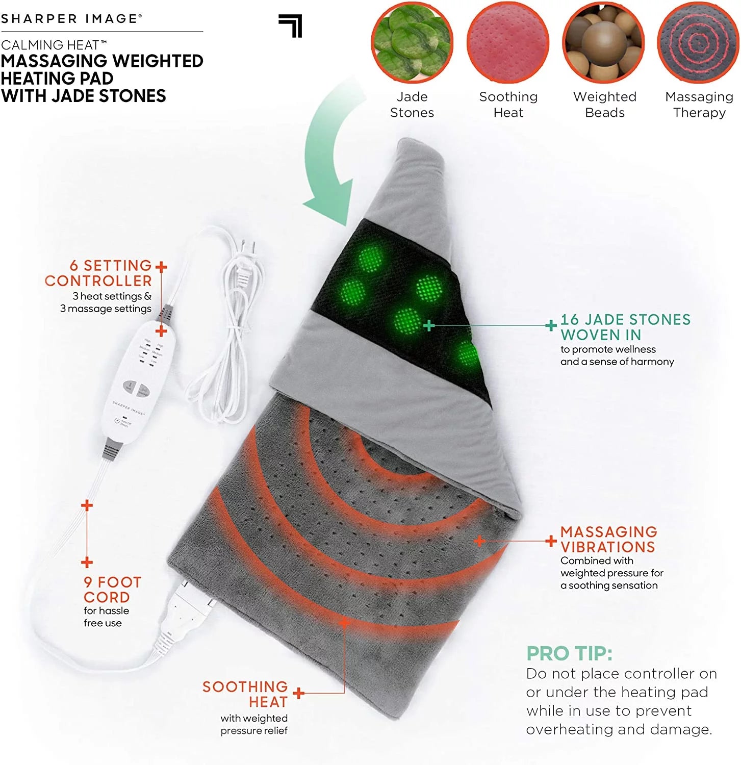 Calming Heat Jade Stone Massaging Weighted Heating Pad by Sharper Image- Weighted Electric Heating Pad, Massaging Vibrations, 6 Settings- 3 Heat, 3 Massage- 9 Relaxing Combinations, 12” x 24”, 4 lbs