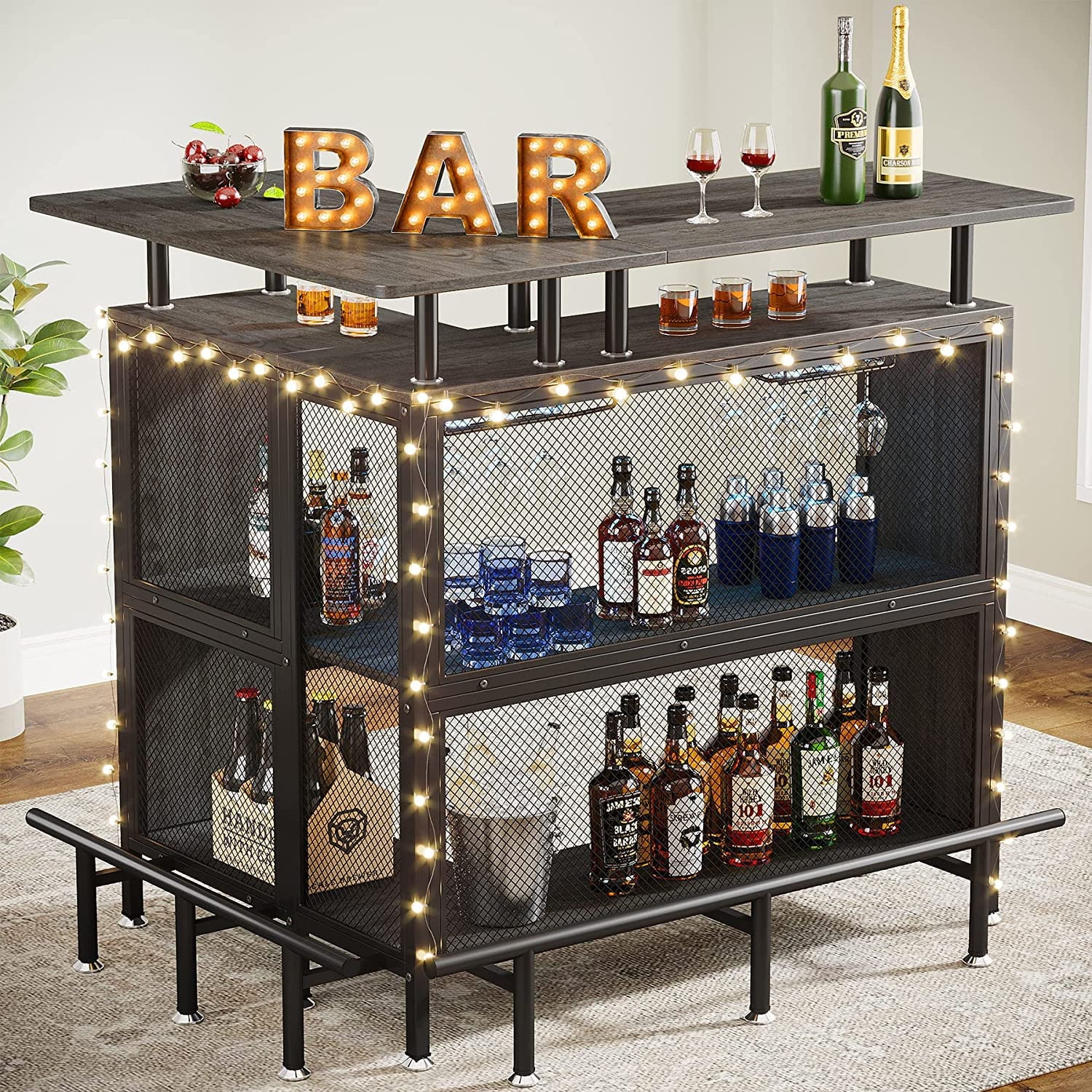 FJU Home Bar Unit, L-shaped Bar Table with Stemware Racks and 2-tier Shelves, Corner Mini Coffee Liquor Cabinet with Footrest for Home/Kitchen/Pub, Gray