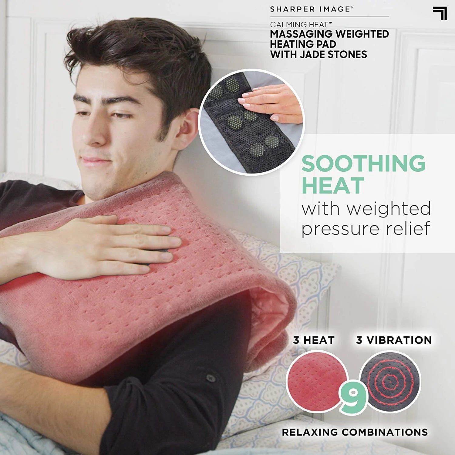 Calming Heat Jade Stone Massaging Weighted Heating Pad by Sharper Image- Weighted Electric Heating Pad, Massaging Vibrations, 6 Settings- 3 Heat, 3 Massage- 9 Relaxing Combinations, 12” x 24”, 4 lbs