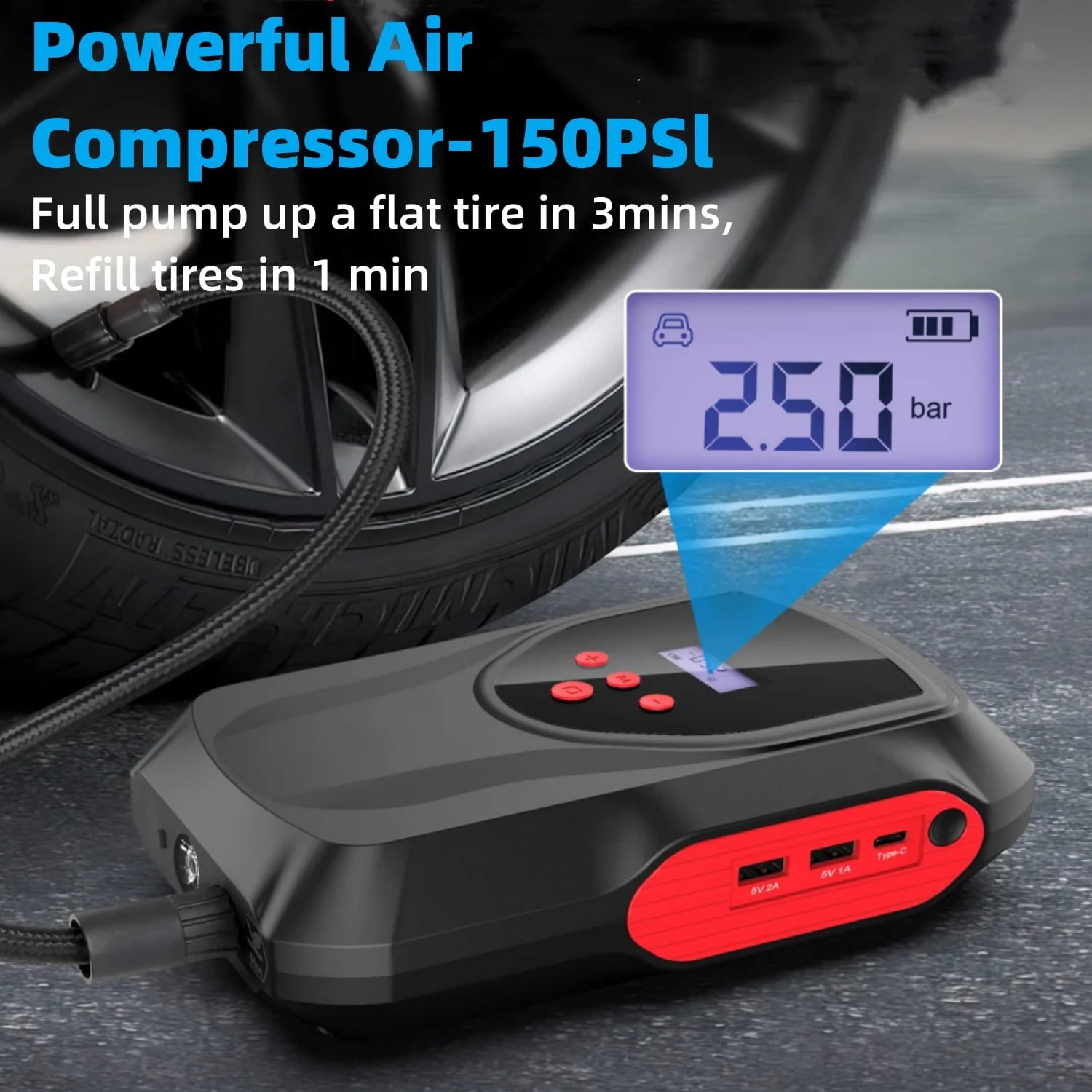 Car Jump Starter with Air Compressor, 2000A 12-Volt Jumper Cables Jump Starter Box Car Battery Booster Pack (Up to 6-Liter Gasoline and 3-Liter Diesel Engines) Digital Screen