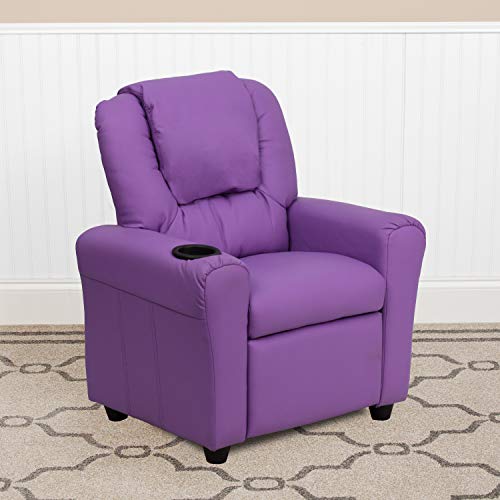 EMMA + OLIVER Beige Vinyl Kids Recliner with Cup Holder and Headrest