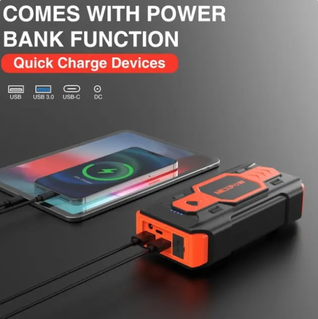 Battery Jump Starter 2500A Car Jump Starter (up to 8.0L Gas/8L Diesel Engines) 12V Car Battery Booster Pack with USB Quick Charge 3.0 and 4 LED Modes Red Blue Warning