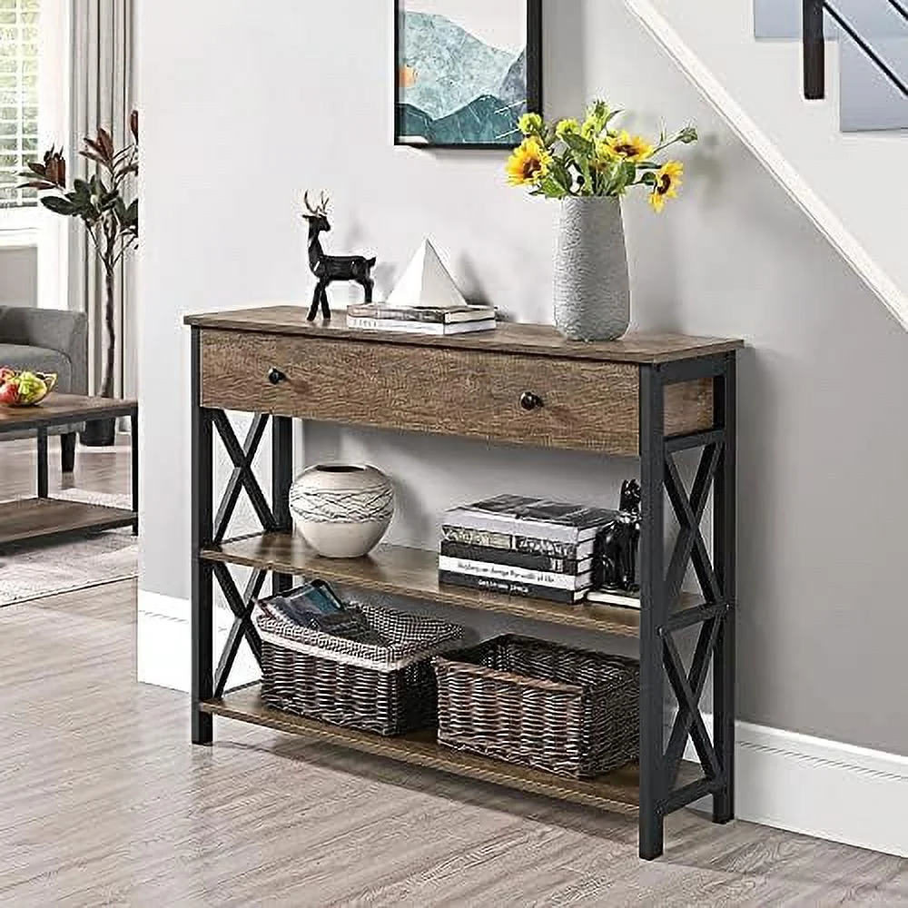 MQLIFEBOOM Console Table with Drawer Entryway Table with 3 Tier Shelves Narrow Long Sofa Table for Entryway Living Room Hallway Couch Kitchen Metal Frame Gray