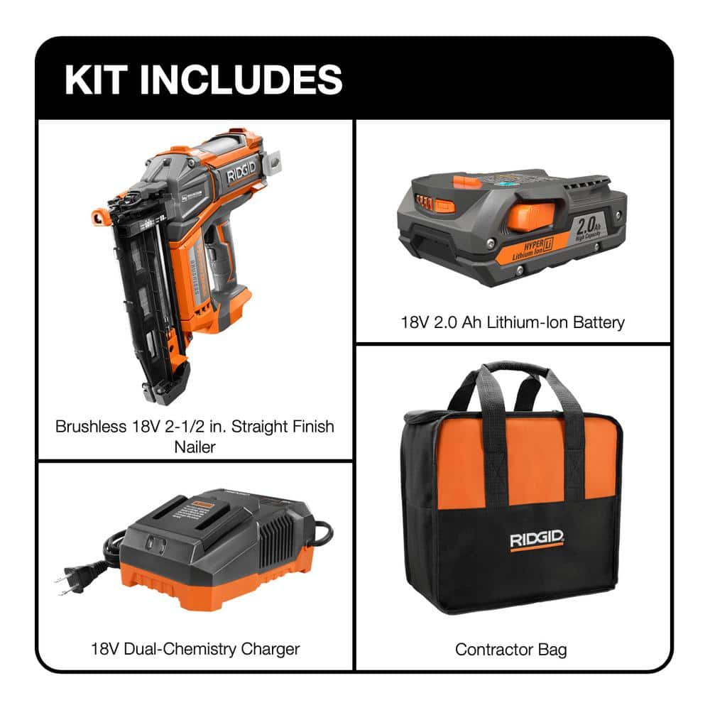 18V Brushless Cordless HYPERDRIVE 16-Gauge 2-1/2 in Straight Finish Nailer, 2 Ah Battery, Charger, Belt Clip and Bag R09892K