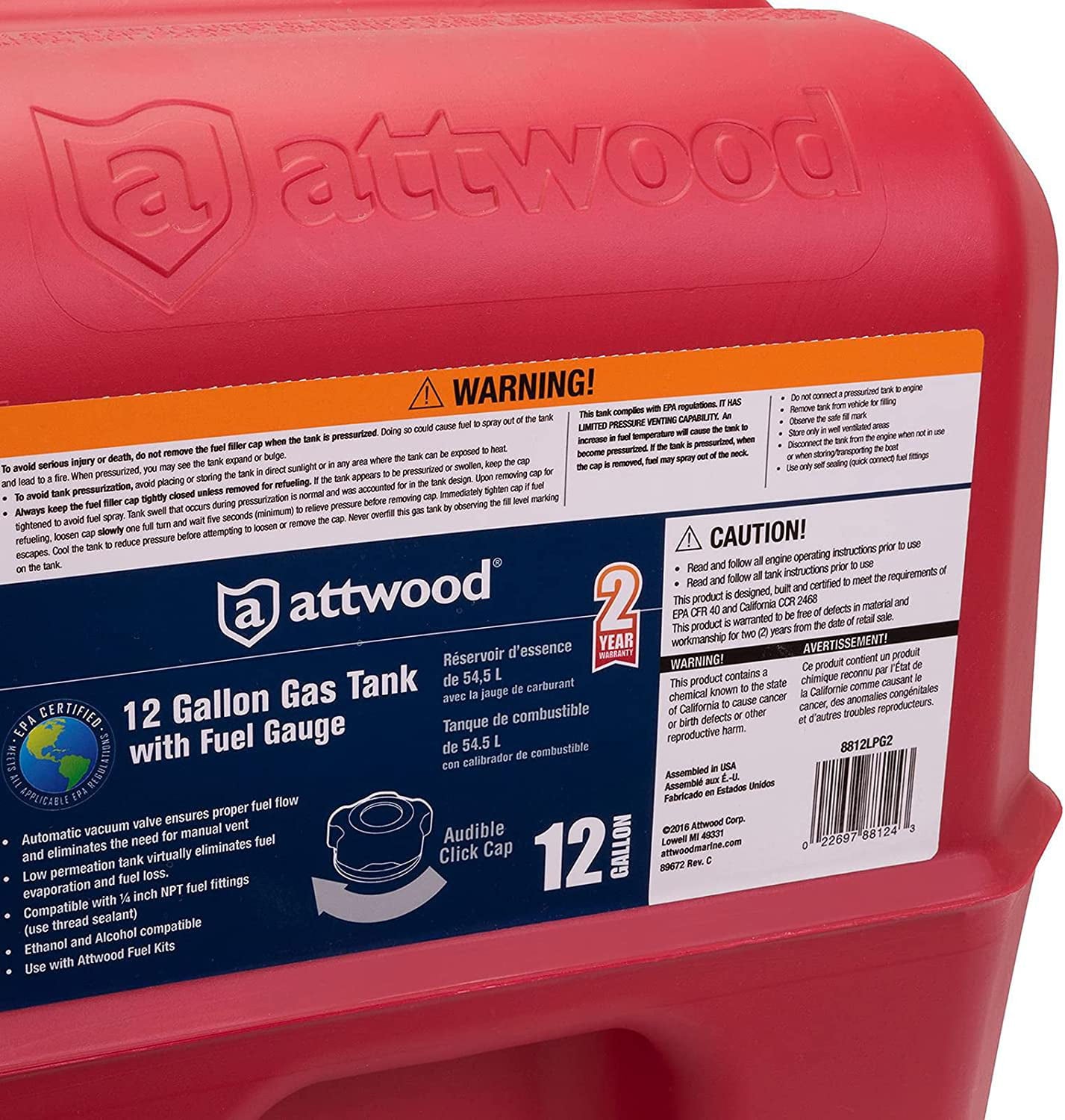 Attwood Outboard Fuel Tank With Gauge 12 Gallon 8812LPG2