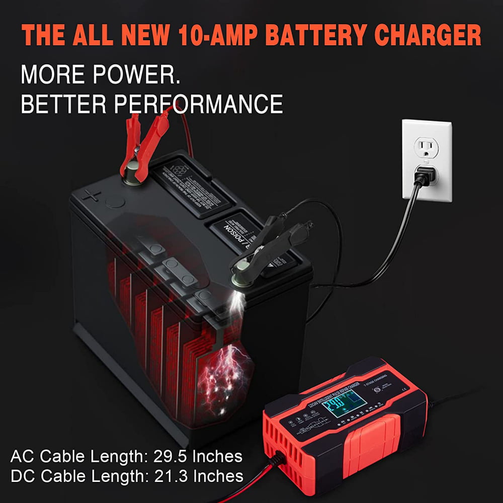 10-Amp Battery Charger Automotive, 24V And 12V Car Battery Charger, Battery Maintainer with Temperature Compensation for Car, Lawn Mower, Motorcycle, Boat, SUV And More
