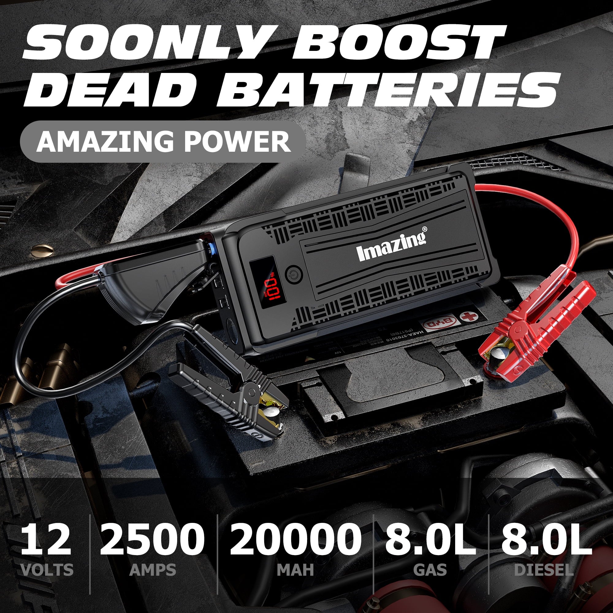 Imazing Car Battery Jump Starter - 2500 amps Peak 20000mAH (up to 8L Gas or 8L Diesel Engine) 12V Auto Battery Booster Portable Power Pack