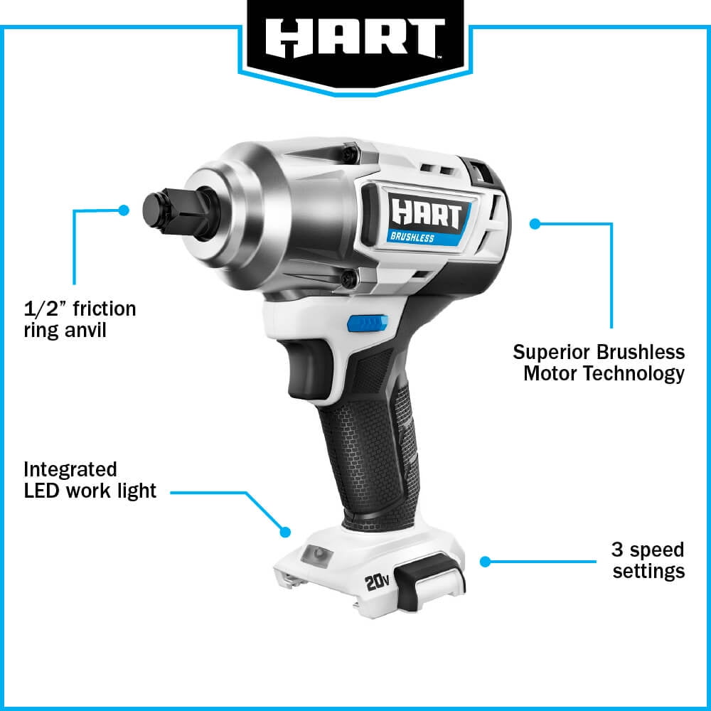 HART 20-Volt 1/2-inch Battery-Powered Brushless Impact Wrench (Battery Not Included)