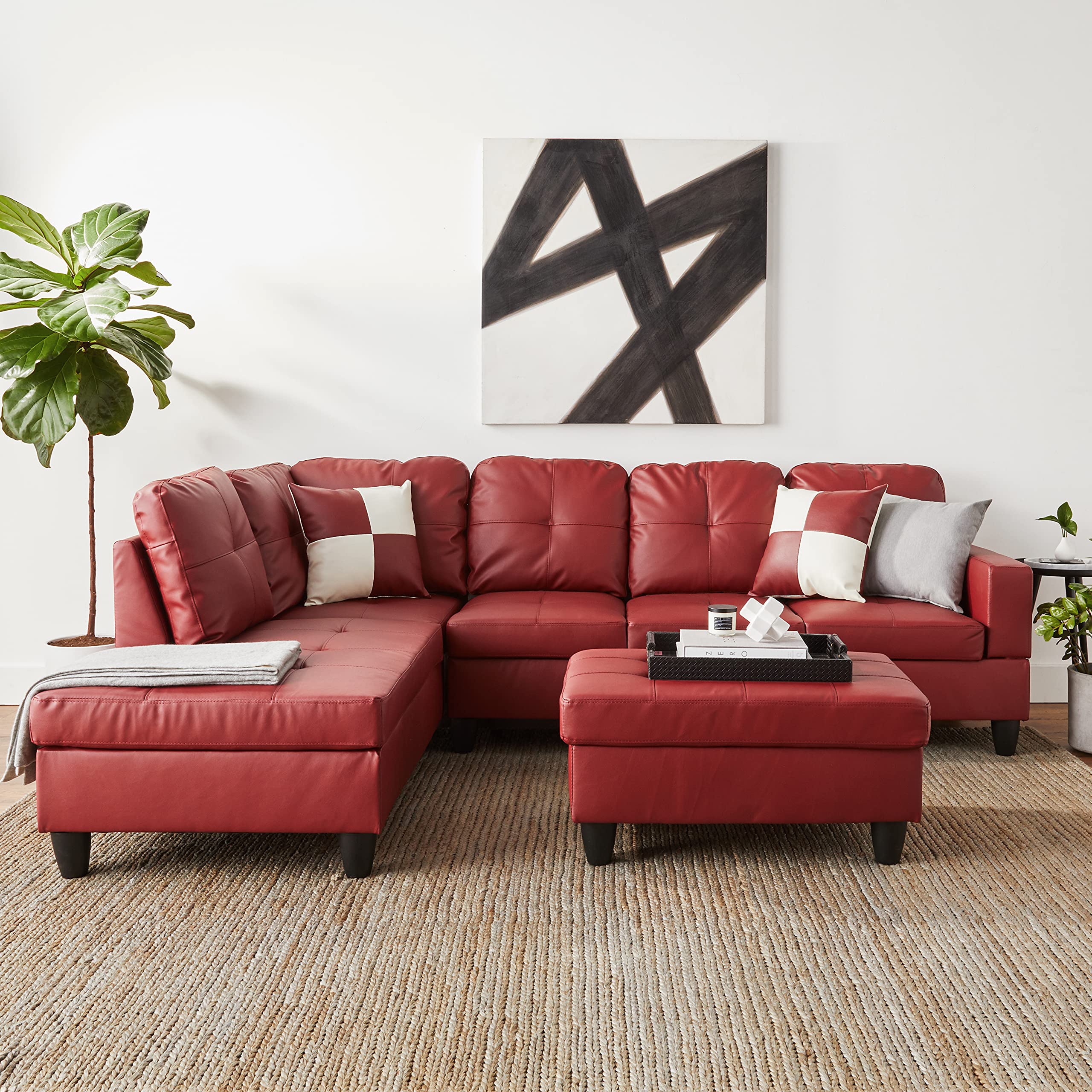 Beverly Fine Furniture Left Facing Russes Sectional Sofa Set With Ottoman, RED