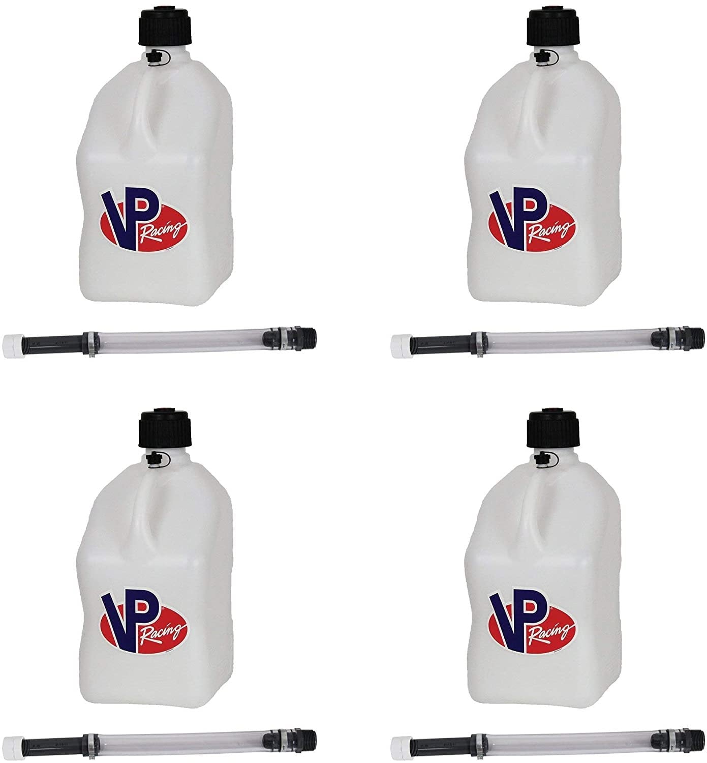 VP Racing Fuels Motorsport 5 Gallon Square Plastic Utility Jug White w/ 14 Inch Hose 4 Pack Features Close-Trimmed Cap and Neck for Tight Seal