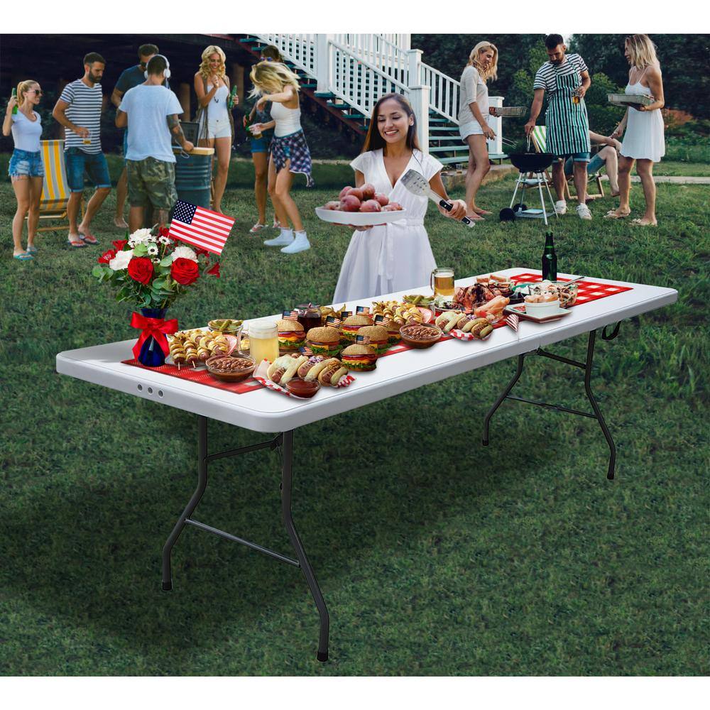 Plastic Development Group PDG-816 8 ft. White Plastic Fold-In-Half Folding Table