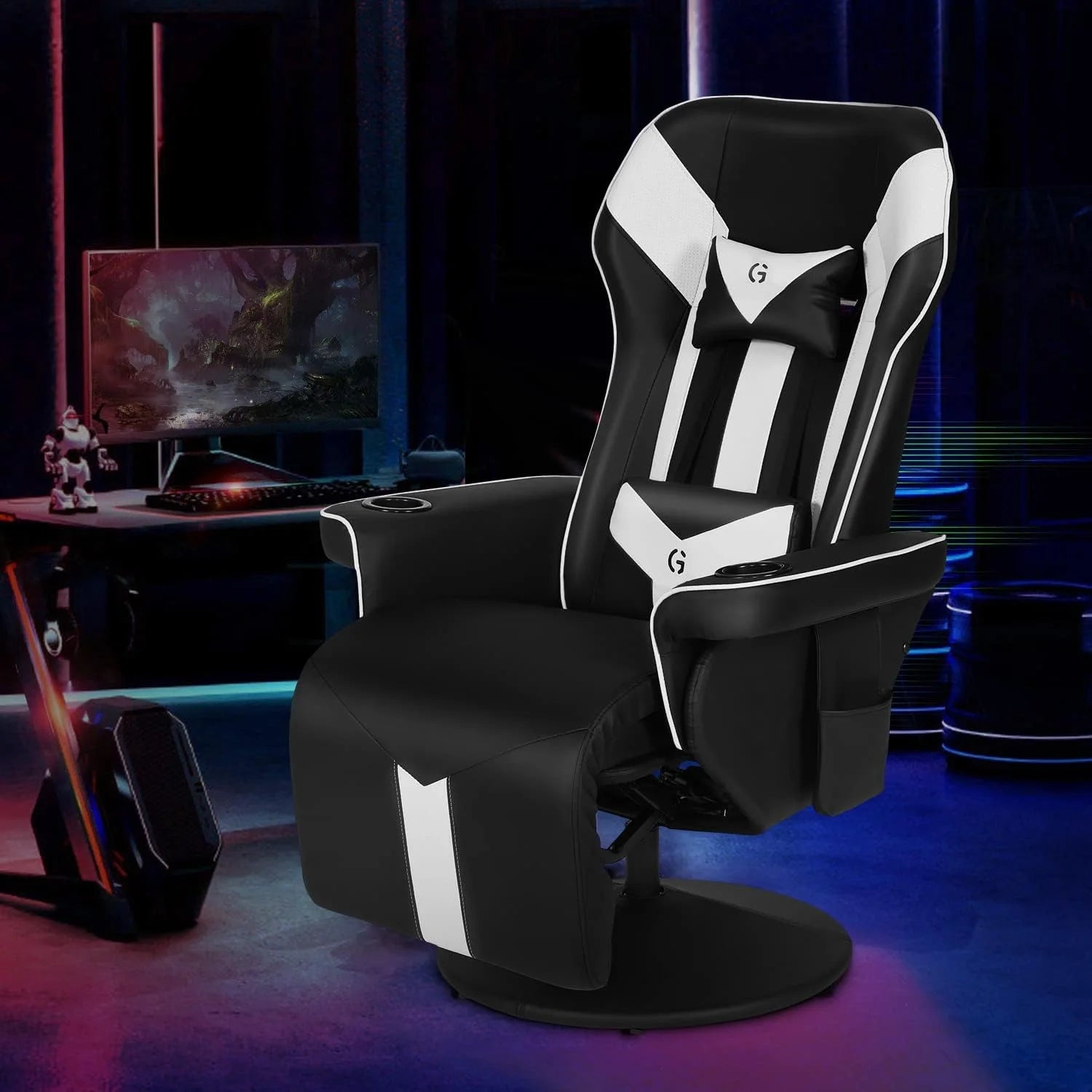 King Throne Ergonomic Gaming Chair, High Back Video Racing Chair, Swivel Recliner Chair with Footrest, Adjustable Backrest, Headrest, Lumbar Support, Cupholders, Black White