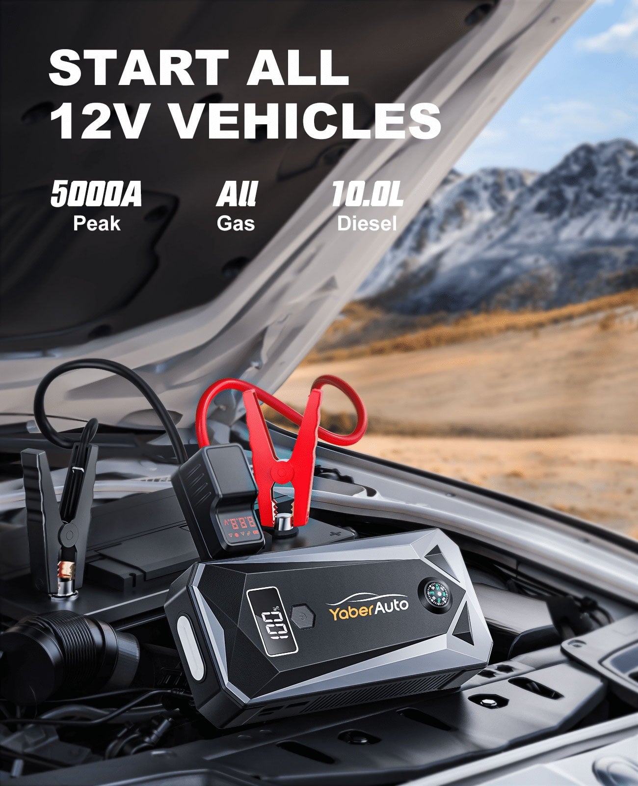 Car jump starter 5000A 26800mAh(All Gas/10L Diesel) Powerful Portable Jump Box with Fast Charge, Extended Cables, and Lights YaberAuto