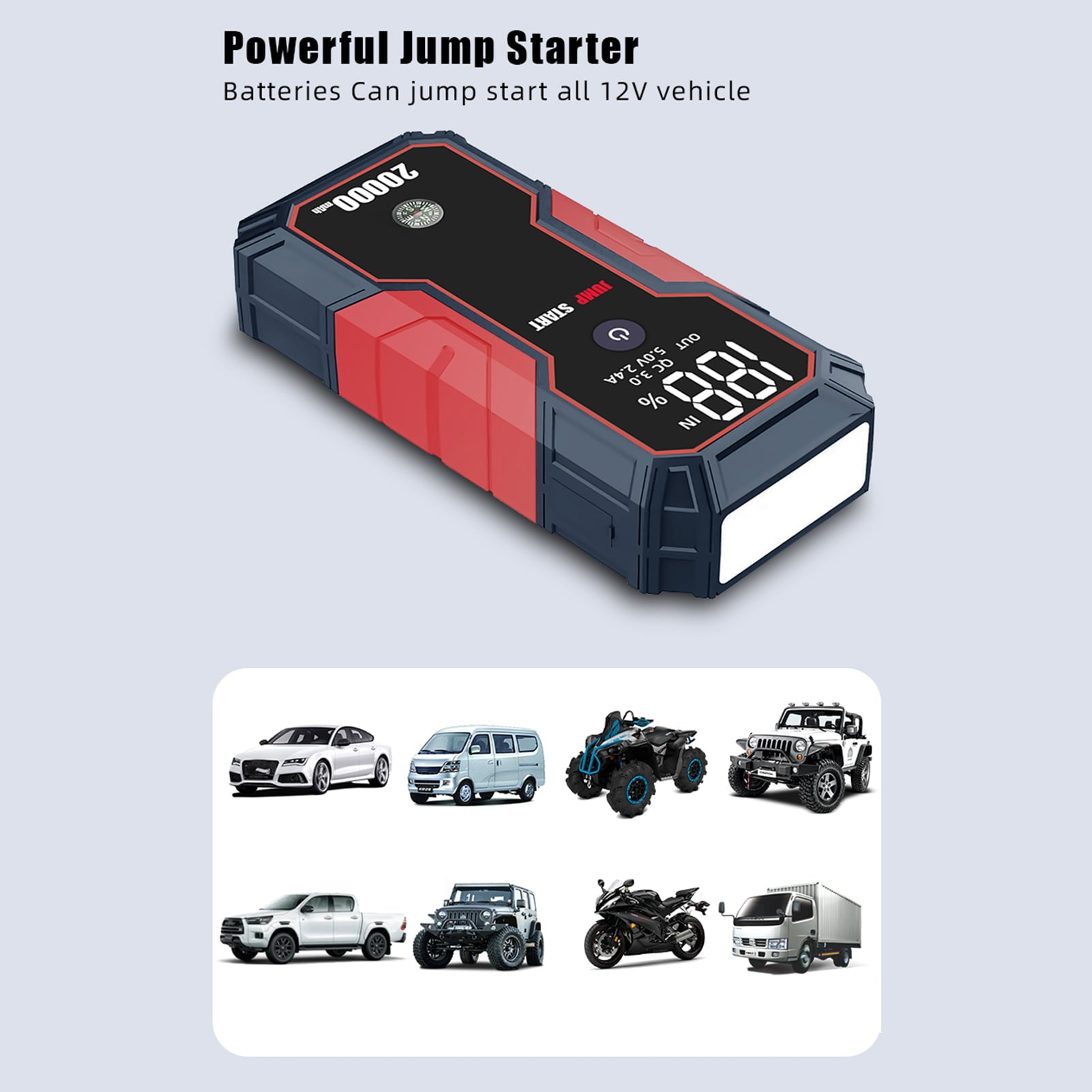 Htovila Portable Car Jump Starter 20000mAh Car Battery Starter(up to 5.0L Gas, 3.5L Diesel Engines),USB Quick , Fast Wireless and Flashlight