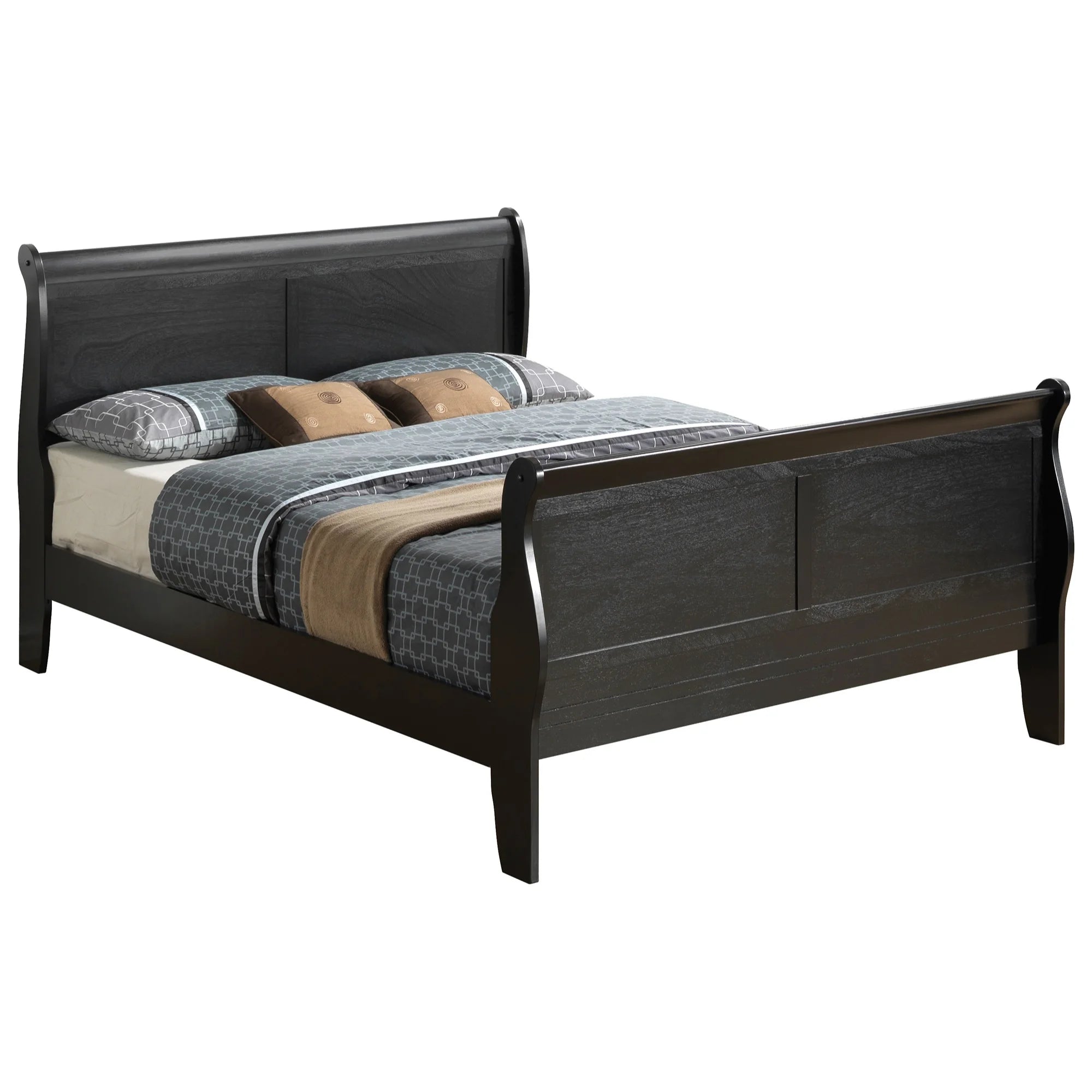 Passion Furniture Louis Philippe Sleigh Wood Bed with High Footboard, Black - King Size