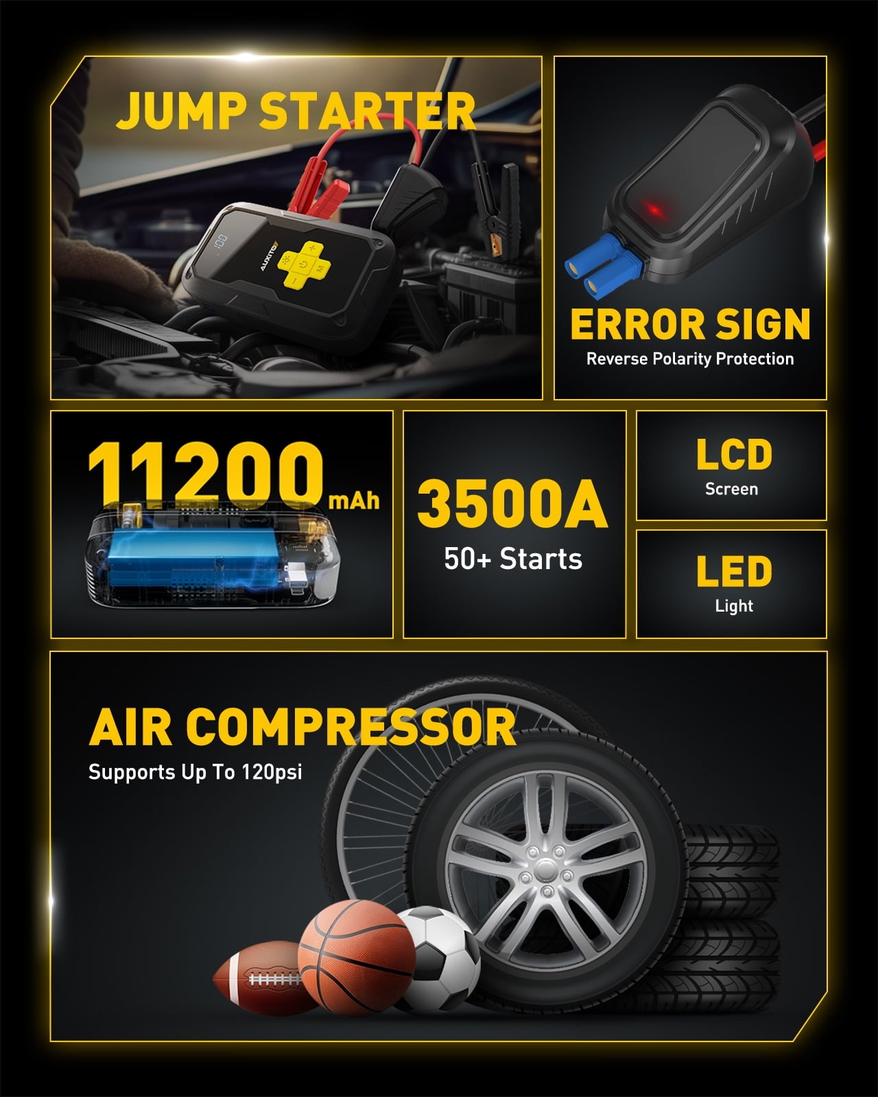 AUXITO Car Jump Starter With Air Compressor, 3500A 12V Portable Jump Starter (For All Gas or up to 8.0L Diesel )120PSI Digital Tire Inflator With Car Air Freshener Vent Clip - Sandalwood Bergamot Lemo