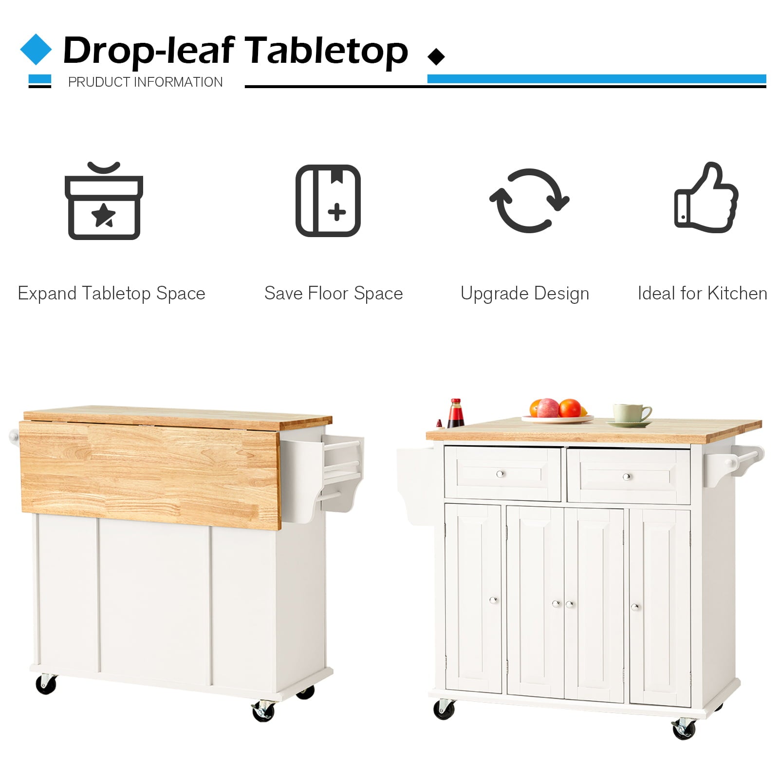 Rolling Kitchen Island Cart with Storage�� Kitchen Cart with Drop-Leaf Rubber Wood Tabletop�� Lockable Wheels�� Trolley Cart Utility Cabinet�� Towel Rack�� Spice Rack Off-White