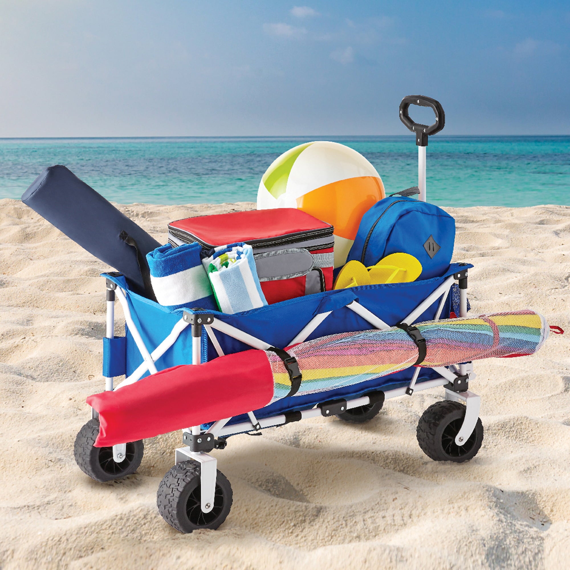 Mainstays Folding All-Terrain Wide-Track Wheeled Beach Wagon， Blue
