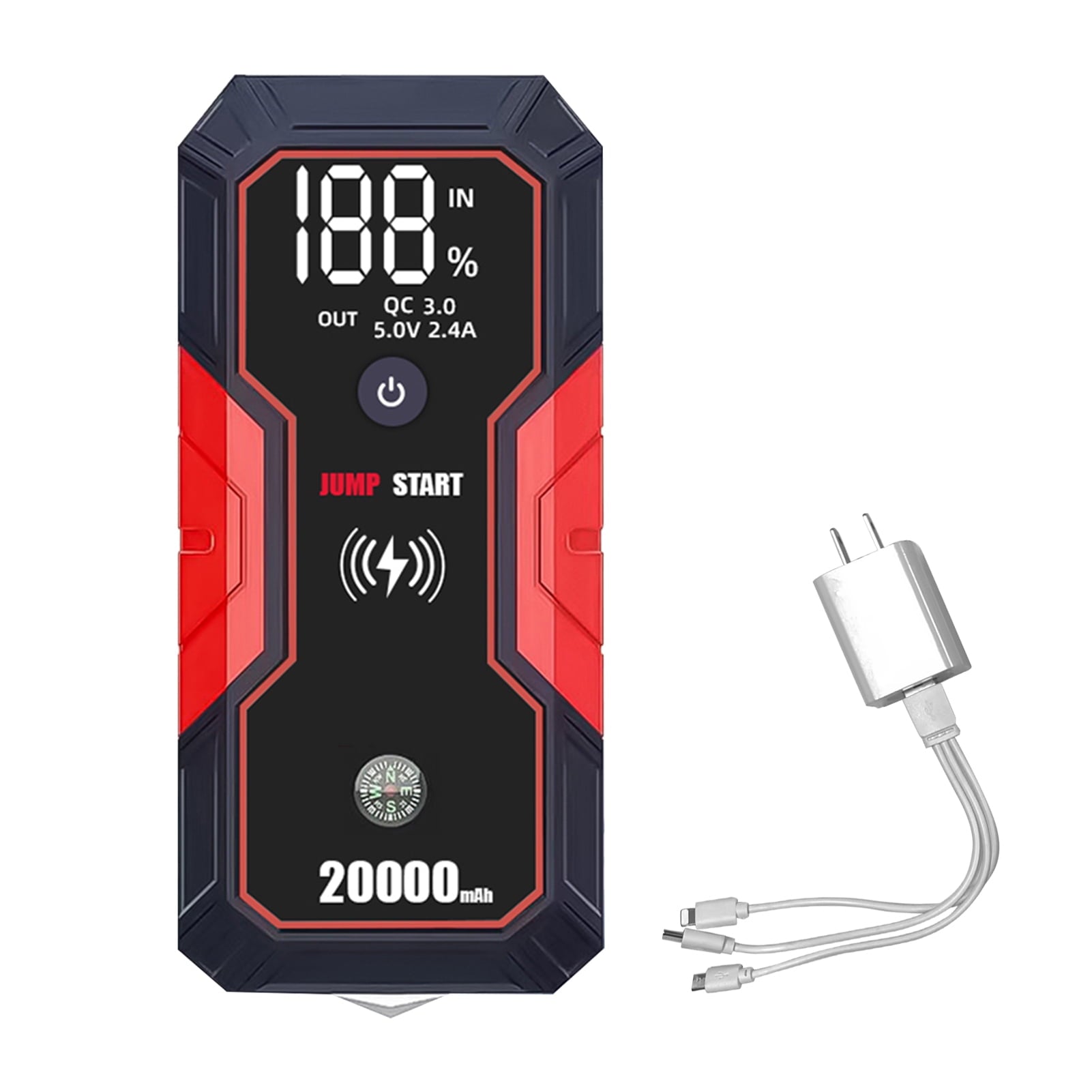 moobody 20000mAh Portable Car Jump Starter, 12V Car Battery Starter , Fast Wireless, USB Quick Charge, with Flashlight , Compatible with 5.0L Gas and 3.5L Diesel Engines