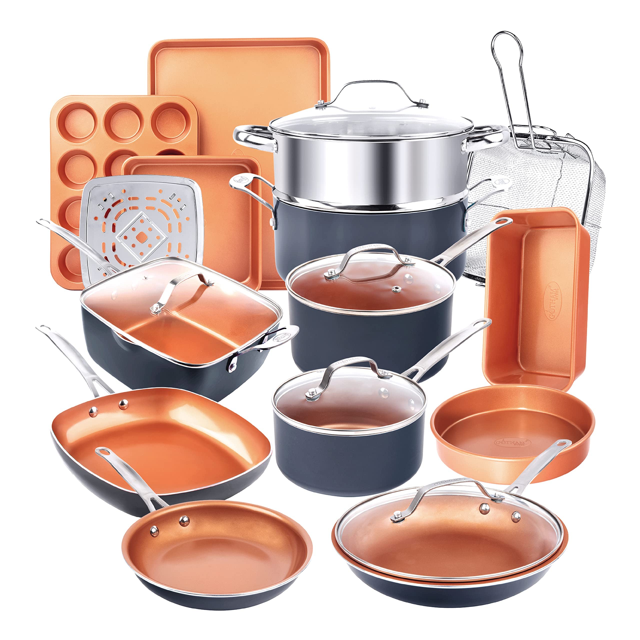 Gotham Steel 20 Pc Copper Pots and Pans Set Nonstick Cookware Set, Pot and Pan Set, Kitchen Cookware Sets, Ceramic Cookware Set, Ceramic Non Stick Pots and Pans Set with Lids, Pot Set, Dishwasher Safe