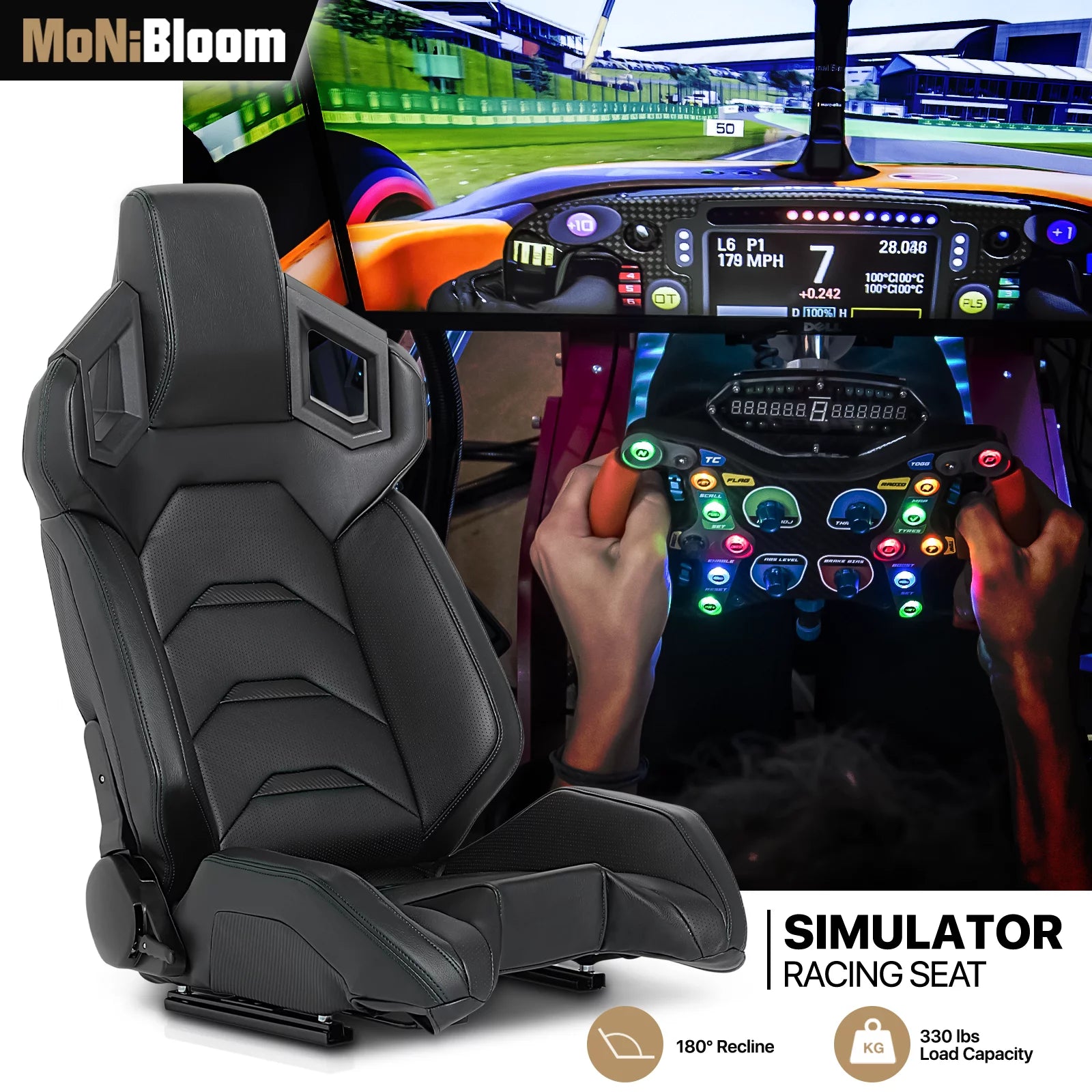 MoNiBloom Ergonomic Racing Seat, Racing Simulator Game Seat with Adjustable Slide, Leather Racing Seat for Racing Simulator Cockpit, Black