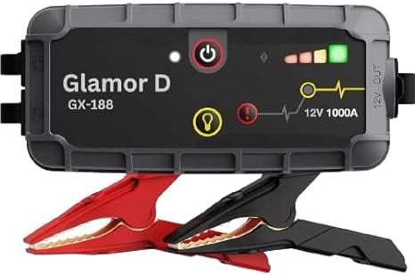 Glamor D GX-188 1000A UltraSafe Car Battery Jump Starter, 12V Battery Pack, Battery Booster, Jump Box, Portable Charger and Jumper Cables for 6.0L Gasoline and 3.0L Diesel Engines, Gray