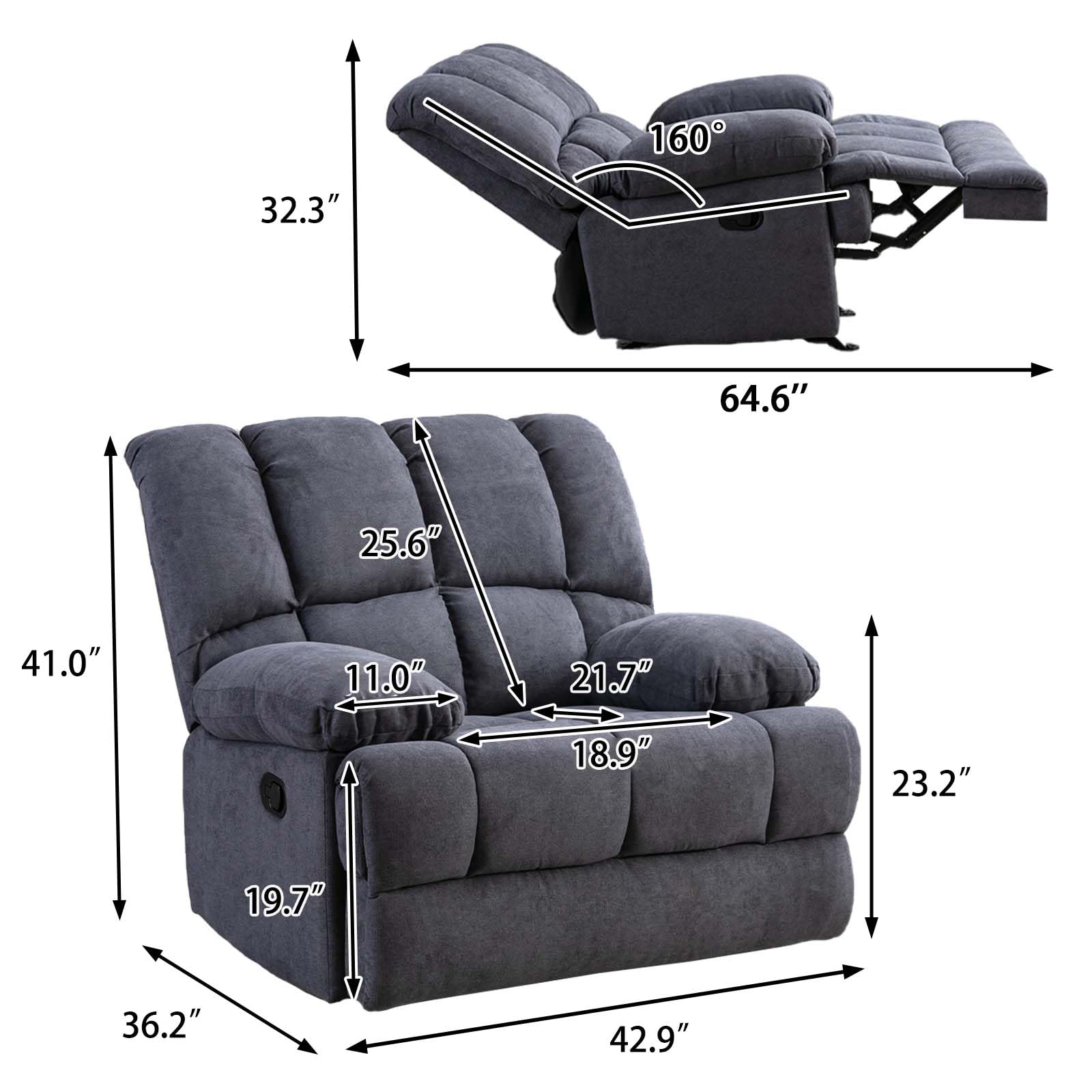 Dreamsir Oversized Rocker Recliner Chair, Manual Recliner Single Sofa Couch, Soft Fabric Overstuffed Rocking Chair for Living Room, Theater Seating for Big Man, Grey