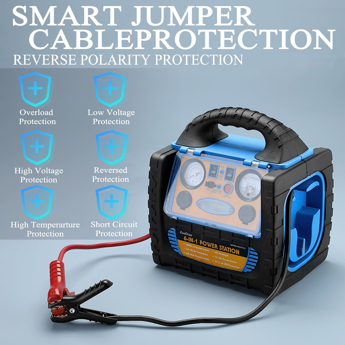 ZunDian 1400 Amp Battery Jump Starter with Air Compressor, Portable Power Station 110V 400W Power Inverter USB DC AC Outlet, 12V Emergency Auto Battery Booster Box