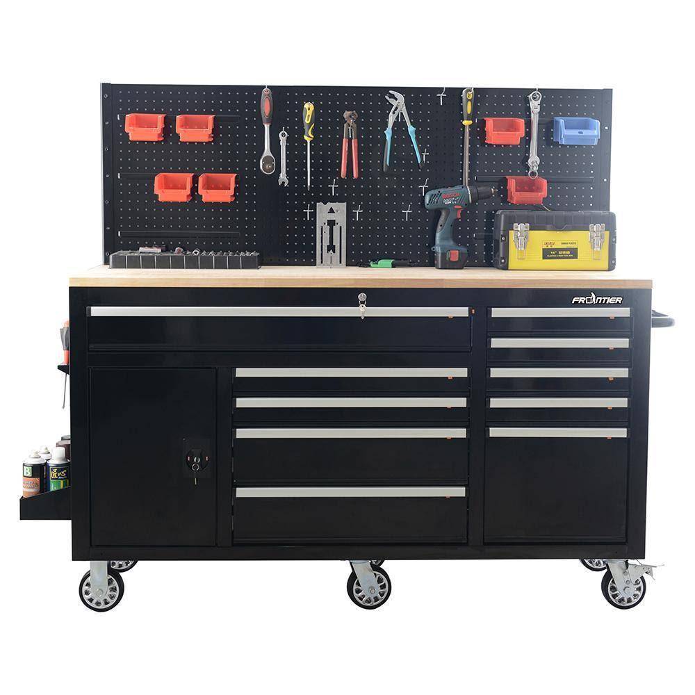 62 in. 10-Drawer Black Tool Chest Cabinet with Pegboard Back Wall, Mobile Workbench