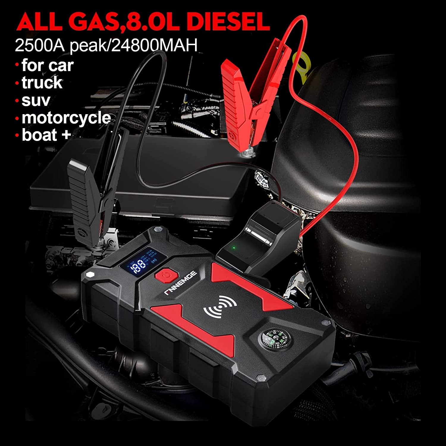 FNNEMGE Car Jump Starter 2500A Peak 24800mAh 12V Super Safe Jump Starter(Up to All Gas, 8.0L Diesel Engine), with 10W Wireless Charger Power Bank, with Smart Jumper Cable, USB Quick Charge 3.0