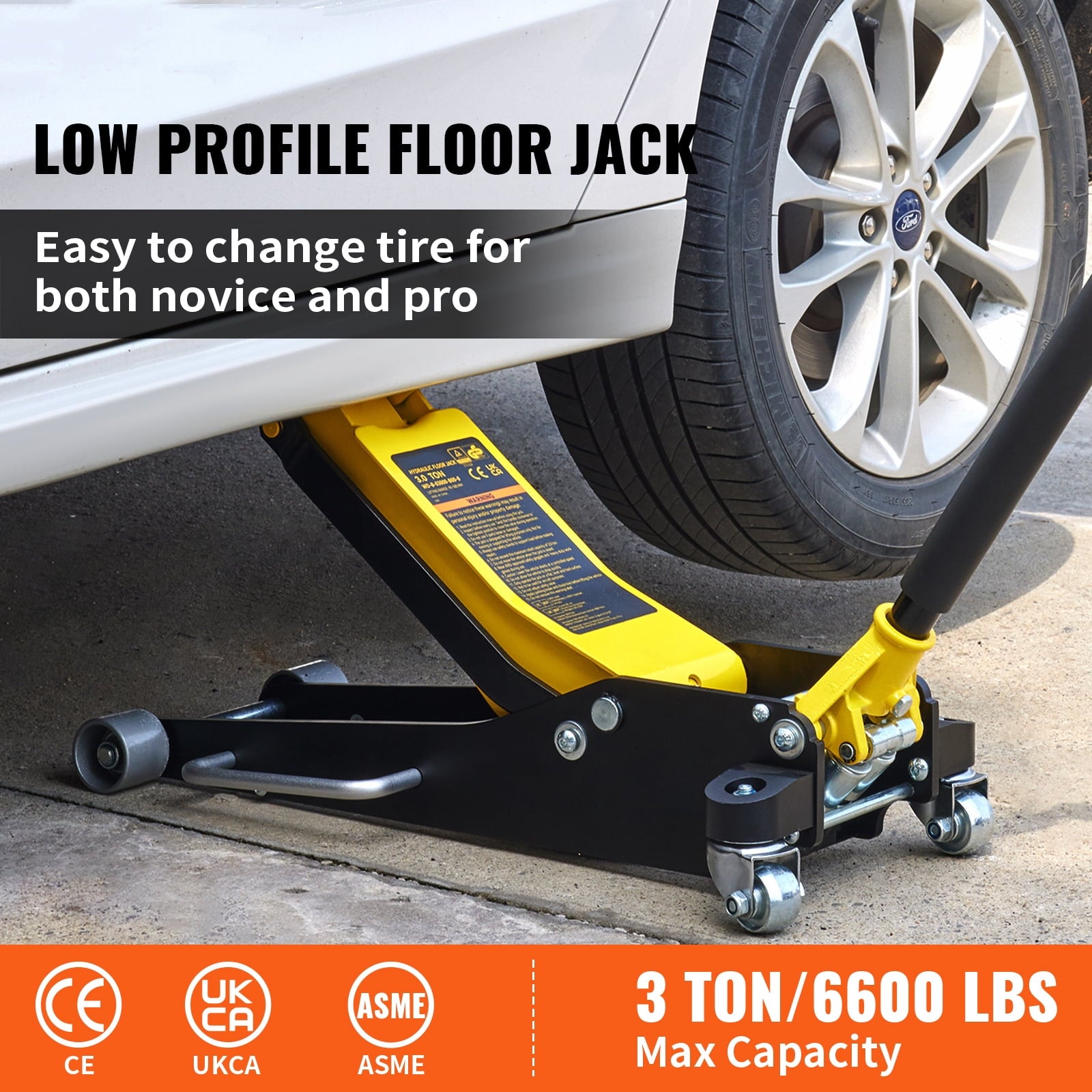 SKYSHALO Low Profile Floor Jack 3 ton (6600 lbs), Dual Piston Quick Lift Pump, 19-11/16