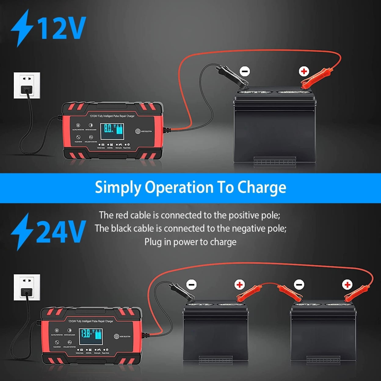 Car Battery Charger 12V 8A 24V 4A Smart Automatic Battery Charger with LCD Display