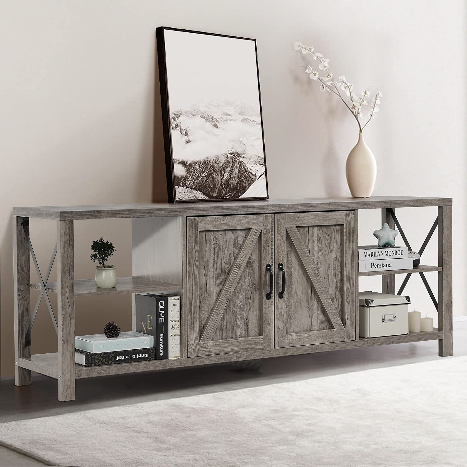 70 Inch TV Stand for 75 Inch TV Entertainment Center Farmhouse, Modern Barn Door TV Console Table with Storage Cabinets and Shelves for TVs Up to 75