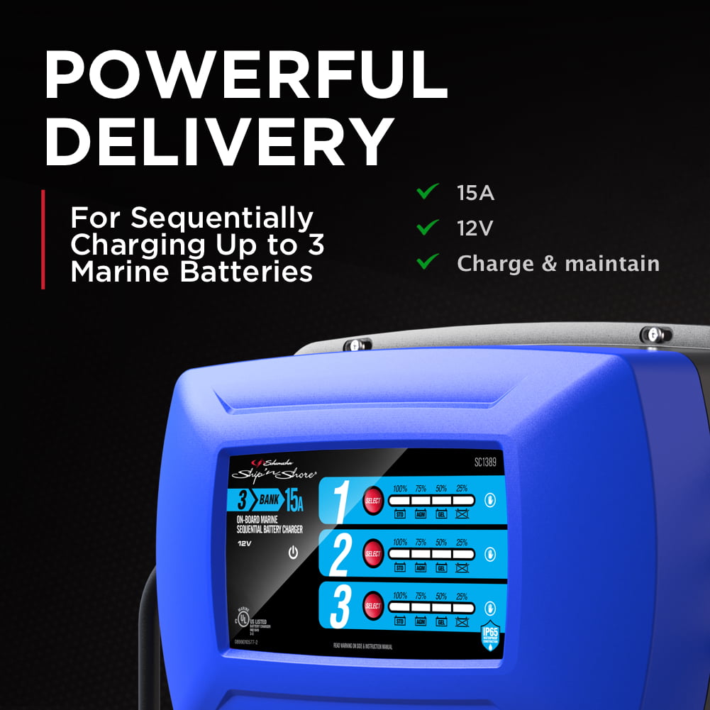 Schumacher Fully Automatic Direct-Mount 3-Battery Marine Charger and Maintainer- 15 Amp, 12V