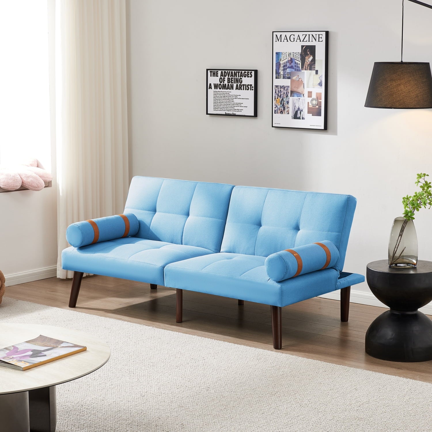 Blue Linen Modern Convertible Futon Sofa Bed with Solid Wood Legs for Versatile Sleeping Options and Stylish Living Room Decor.