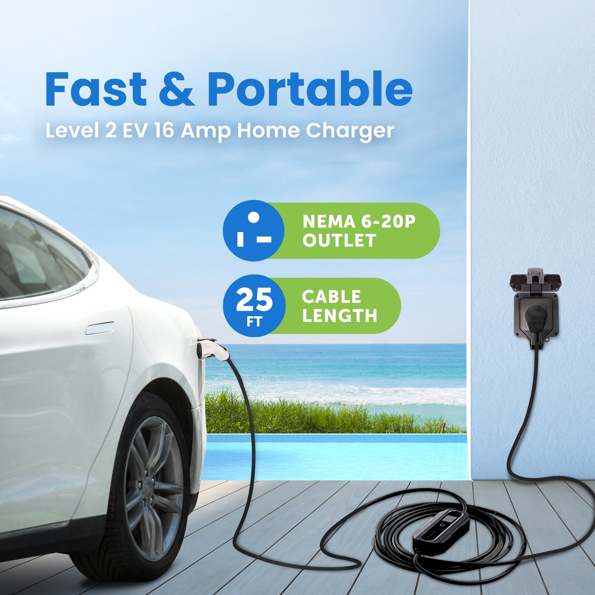 EV+ 16A EV Charging Station, Portable Electric Vehicle Charger, Level 2 EV Home Charging Station, 25-ft Cord SAE J1772 EV Charging Cable with NEMA 6-20, Travel Case, EVSE Level 2 Charging Station