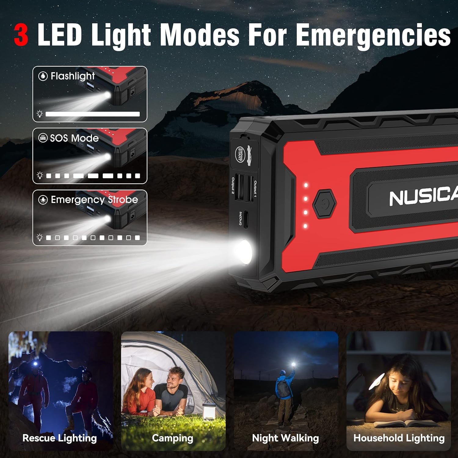 NUSICAN Portable Car Jump Starter , 2600A Peak 22000mAh Lithium battery Booster Power Pack for up to 8.0L Gas & Diesel, Power Bank Charger for Car Battery with Dual USB/Quick Charge 3.0 /Type-C