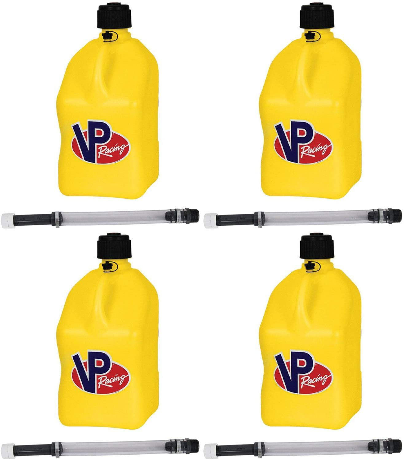 VP Racing Fuels Motorsport 5 Gallon Square Plastic Utility Jug Yellow 2/ 14 Inch Hose 4 Pack Features Close-Trimmed Cap and Neck for Tight Seal