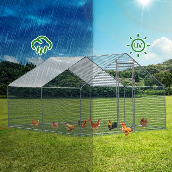 Al Fresco 10 x 10 ft Outdoor Large Metal Chicken Coop, Chicken Run Walkin Poultry Cage for Duck and Rabbit, Hen House with Waterproof Cover, Silver