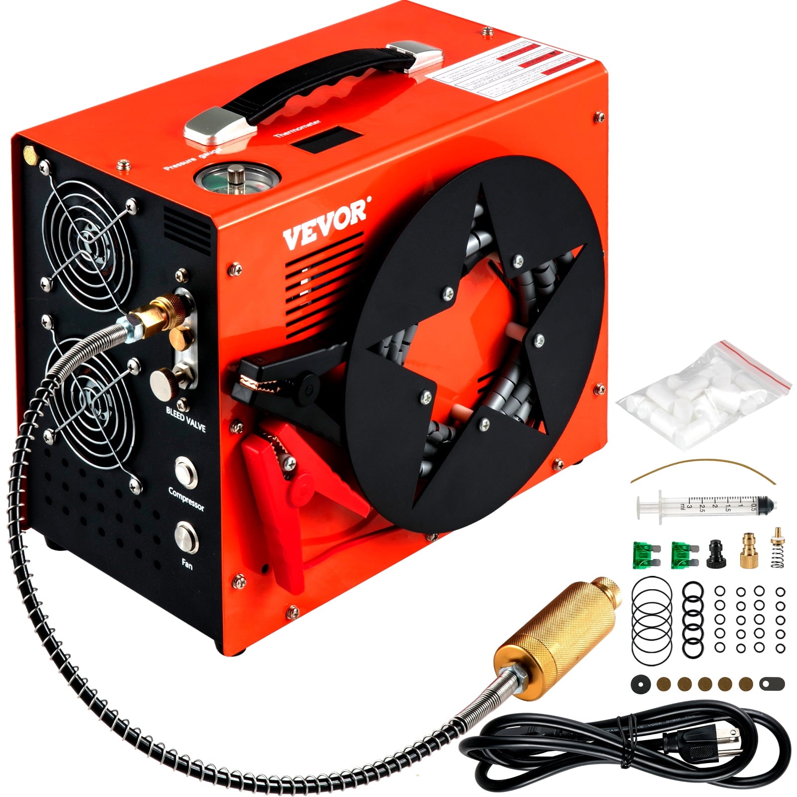 VEVORbrand PCP Air Compressor,4500PSI Portable PCP Compressor,12V DC 110V/220V AC PCP Airgun Compressor Auto-stop,with Built-in Adapter,Fan Cooling,Wire Spool Suitable for Paintball,Scuba,Air Rifle