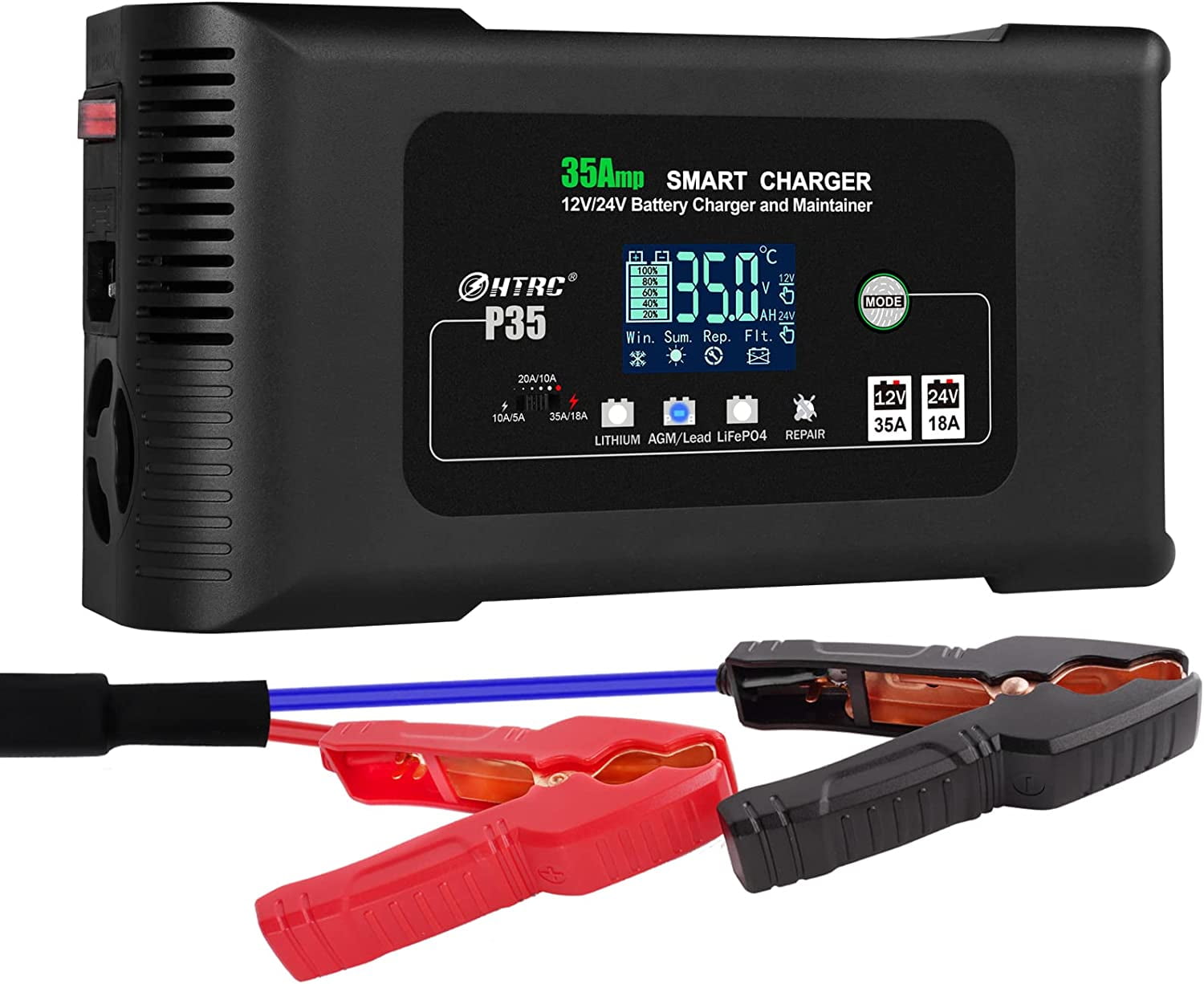 HTRC 35-Amp Smart Charger, Car Battery Charger,Trickle Charger, 12V35A/24V18A,14.6V/29.2V ,Lithium,LiFePO4,Lead-Acid AGM/Gel/SLA..Battery Charger